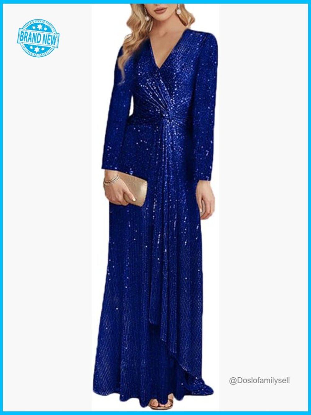 Long Sleeve Sequin Maxi Dress V Neck Formal Elegant Prom Evening Gown